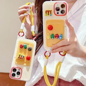 Sarung Telefon Slot Kad MM Choclate, Reka Bentuk DIY 3D, dengan Lanyard, Serasi dengan iPhone 11, 16, 15, 14, 13, 12, Pro, Xs Max, XR, X, 6, 6s, 7, 8 Plus, Gaya Korea Ins, Sarung Comel, Kalis Kejutan, Penutup Belakang Pelindung