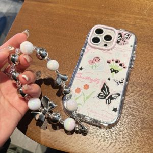 Sarung Telefon Cermin Solek, Reka Bentuk Rama-rama, dengan Lanyard, Serasi dengan iPhone 11, 16, 15, 14, 13, 12, Pro, Xs Max, XR, X, 6, 6s, 7, 8 Plus, Sarung Korea, Penutup Belakang Pelindung Kalis Kejutan