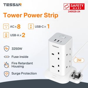 【Tessan Special】Plumbum Sambungan Menara TESSAN, dengan 3 Slot USB, Menara Sambungan Berbilang Palam 8 Hala, Kord Sambungan Perlindungan Lonjakan, dengan Suis, Jalur Kuasa Menara Soket Palam, Kabel 2M, tempat cas Elektrik Extension