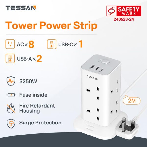 【Tessan Special】Plumbum Sambungan Menara TESSAN, dengan 3 Slot USB, Menara Sambungan Berbilang Palam 8 Hala, Kord Sambungan Perlindungan Lonjakan, dengan Suis, Jalur Kuasa Menara Soket Palam, Kabel 2M, tempat cas Elektrik Extension