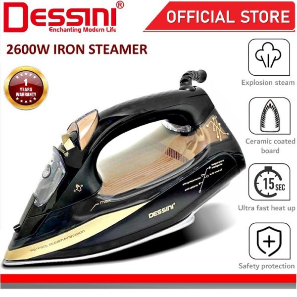 DESSINI ITALY Electric Ceramic Soleplate Garment Steam Iron Sprayer Steamer Clothes Brush Seterika Baju (2600W)