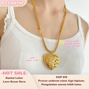Rantai Leher Love Besar Dora COP916 - Panjang Rantai 60CM Lebar 0.45CM - Love Lebar 4CM - Gaya harian - Aksesori Bersalut Emas - Tahan lasak - Hypoallergenic - XYCANTIK