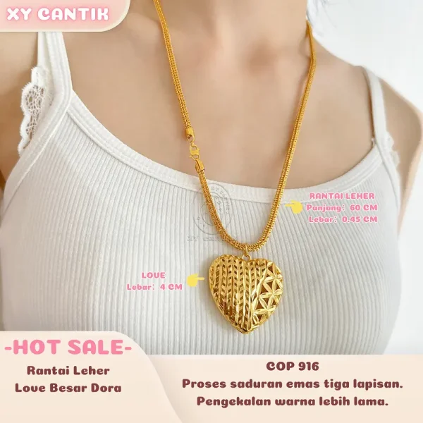 Rantai Leher Love Besar Dora COP916 - Panjang Rantai 60CM Lebar 0.45CM - Love Lebar 4CM - Gaya harian - Aksesori Bersalut Emas - Tahan lasak - Hypoallergenic - XYCANTIK