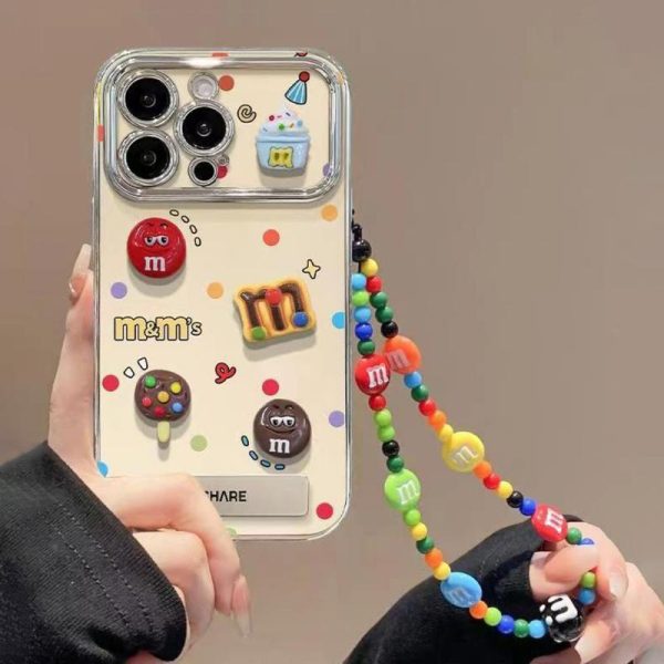 Sarung Telefon DIY MM Choclate, Warna Pelangi, dengan Pemegang dan Lanyard, Serasi dengan iPhone 11, 16, 15, 14, 13, 12, Pro, Xs Max, XR, X, 7, 8, 6, 6s Plus, Ins Korea Sarung Elektroplating, Sarung Telefon TPU Lembut, Penutup Belakang Pelindung