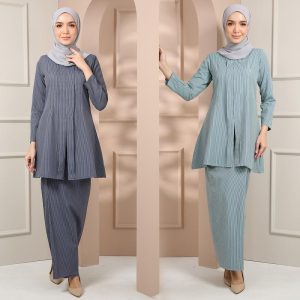 Baju Raya 2025 Kebaya Kuntum Jalur Grey Mint Light Grey Sky Blue Green Dark Green Muslimah Set Wanita - Clothing, V Neck