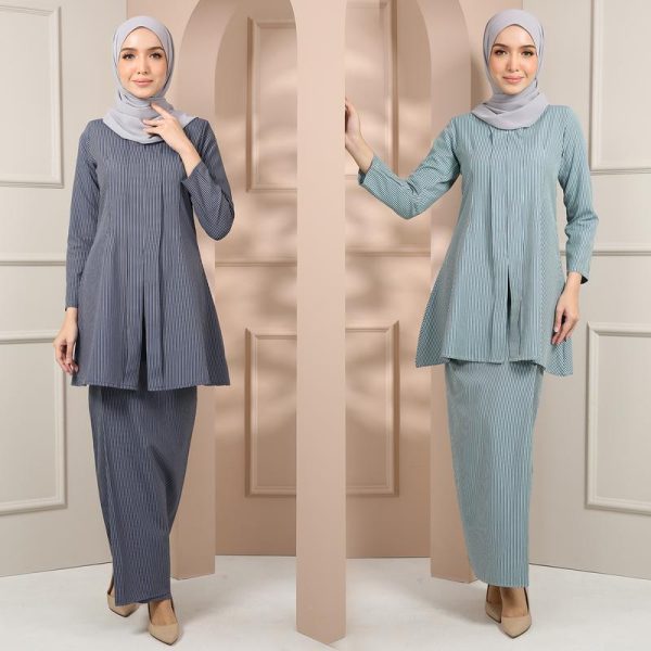 Baju Raya 2025 Kebaya Kuntum Jalur Grey Mint Light Grey Sky Blue Green Dark Green Muslimah Set Wanita - Clothing, V Neck
