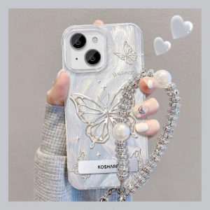 Sarung Telefon IMD Korea, Reka Bentuk Ins, dengan Pemegang Pendirian Logam, Serasi dengan iPhone 11, 15, 14, 13, 12, Pro, Xs Max, XR, X, 7, 8 Plus, Anti-cap jari, Bercahaya, Sarung Telefon Bimbit, Penutup Belakang Pelindung Kalis Kejutan