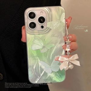 Sarung Telefon Siri Rama-rama, Ins, dengan Lanyard, Serasi dengan iPhone 11, 15, 14, 13, 12, Pro, Xs Max, XR, X, 7, 8 Plus, IMD Pelangi, Anti-Cap Jari, Sarung Telefon Bimbit Bercahaya, Kalis Kejutan, Penutup Belakang Pelindung