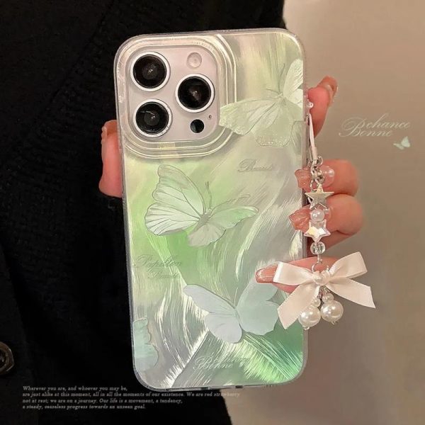 Sarung Telefon Siri Rama-rama, Ins, dengan Lanyard, Serasi dengan iPhone 11, 15, 14, 13, 12, Pro, Xs Max, XR, X, 7, 8 Plus, IMD Pelangi, Anti-Cap Jari, Sarung Telefon Bimbit Bercahaya, Kalis Kejutan, Penutup Belakang Pelindung