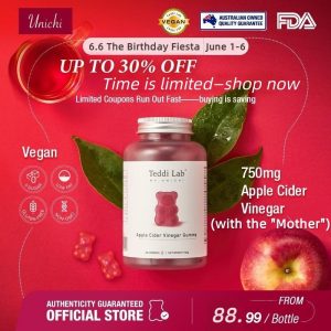 Unichi Apple Cider Vinegar Gummy | Gummy Cuka Epal | 750mg yis cuka epal | Folic Acid | Dirumus dengan Vitamin B12, B6, B9 | Bukan GMO | Bebas Gluten | Vegan | Gula 0 | Perisa Epal dan Lemon | 60 Kiraan