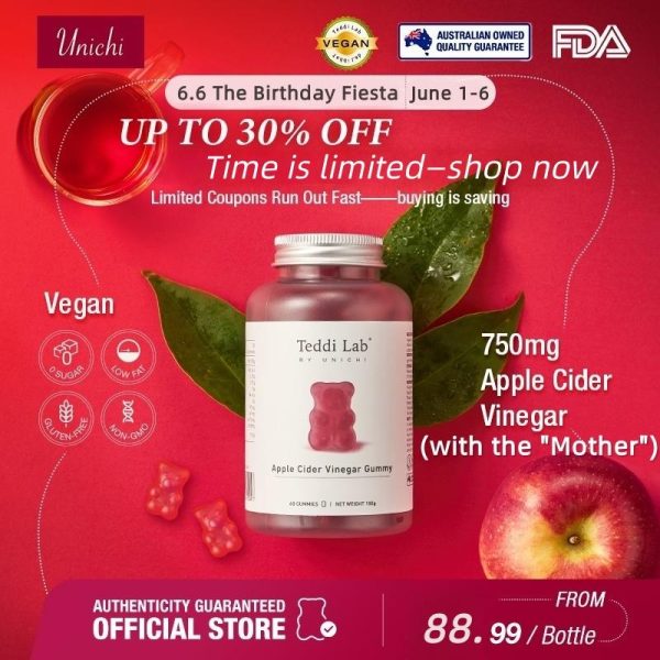 Unichi Apple Cider Vinegar Gummy | Gummy Cuka Epal | 750mg yis cuka epal | Folic Acid | Dirumus dengan Vitamin B12, B6, B9 | Bukan GMO | Bebas Gluten | Vegan | Gula 0 | Perisa Epal dan Lemon | 60 Kiraan