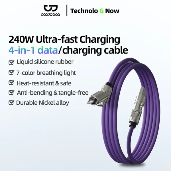 GOOJODOQ 4 in 1 240W Ultra-fast Charging Cable | Liquid Silicone Rubber Durable Nickel Alloy | 480Mbps Data Transmission Kabel | USB Lightning Type C