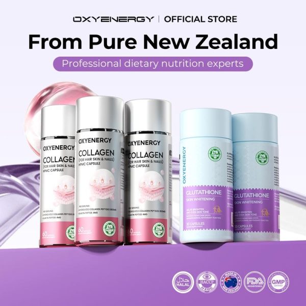 OXYENERGY GLUTATHIONE / Botol * 2, COLLAGEN / Botol * 3, Untuk Rambut, Kulit dan Kuku, Termasuk Kapsul HPMC
