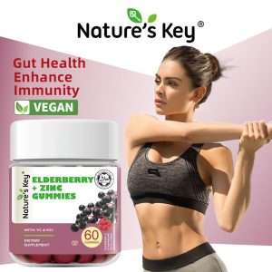 Nature's Key Gummy Elderberry + Zink Membantu meningkatkan imuniti badan, bebas gula & vegan, 60 biji per botol, mengandungi ekstrak elderberry, zink, vitamin D3, dan vitamin C,Sesuai untuk orang dewasa