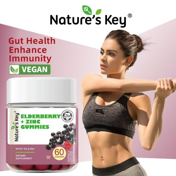 Nature's Key Gummy Elderberry + Zink Membantu meningkatkan imuniti badan, bebas gula & vegan, 60 biji per botol, mengandungi ekstrak elderberry, zink, vitamin D3, dan vitamin C,Sesuai untuk orang dewasa