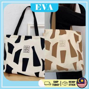 READY STOCK EVA Student Canvas Tote Bag women Shoulder Class College Ins Korean Personality Pattern Belt Pull Chain Art Design Bags Pocket Zip Totebag