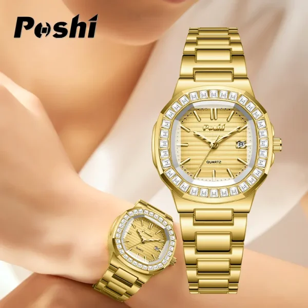 Jam Tangan Wanita, POSHI, Rekaan Berlian Mewah Baharu, Jam Tangan Analog Kalis Air Asli, Untuk Wanita, Kalendar Auto, Fesyen, Pergerakan Kuarza, dengan Kotak dan Pengawal Selia Percuma