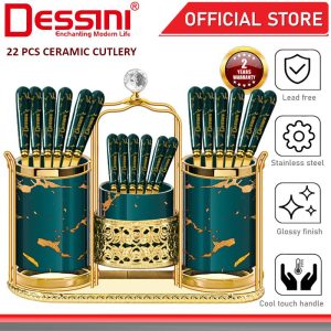 DESSINI ITALY 22 Pcs Stainless Steel Ceramic Cutlery Stand Holder Serving Table Spoon Dessert Fork Tableware Flatware