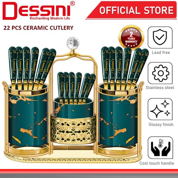 DESSINI ITALY 22 Pcs Stainless Steel Ceramic Cutlery Stand Holder Serving Table Spoon Dessert Fork Tableware Flatware
