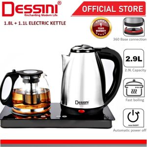 DESSINI ITALY Glass Electric Kettle Temperature Control Automatic Cut Off Boiler Jug Teapot Cerek (1.8L + 1.1L)