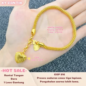 Rantai Tangan Dora 1 Love Gantung COP916 - Panjang 18+3CM Lebar 0.45CM - Love Lebar 1.5CM - Gaya harian - Aksesori Bersalut Emas - Tahan lasak - Hypoallergenic - XYCANTIK Gelang Bracelets