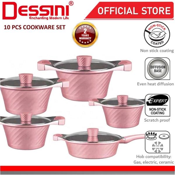 DESSINI ITALY Granite Aluminium Non Stick Casserole Pot Bowl Deep Fry Pan Cookware Tool (10 Pcs)
