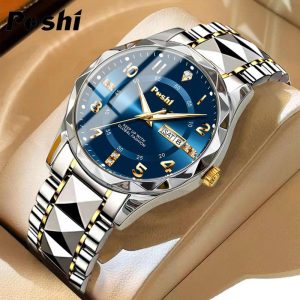 Jam Tangan Lelaki, POSHI, Gaya Perniagaan, Berkilau, Pergerakan Kuarza, Gelang Emas, Kalis Air, Keluli Tahan Karat, dengan Kalendar, Jam Tangan Mekanikal, Ketibaan Baru Watches