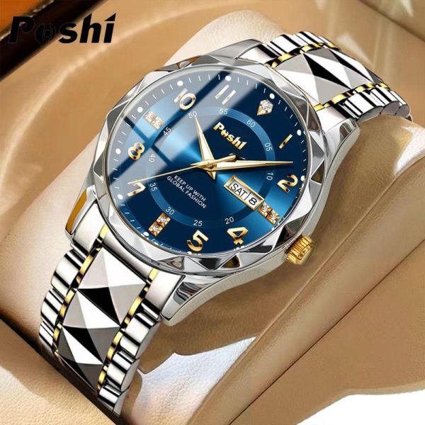 Jam Tangan Lelaki, POSHI, Gaya Perniagaan, Berkilau, Pergerakan Kuarza, Gelang Emas, Kalis Air, Keluli Tahan Karat, dengan Kalendar, Jam Tangan Mekanikal, Ketibaan Baru Watches