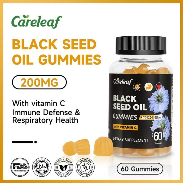 Gummies Minyak Biji Hitam, Dengan Vitamin C, Vegan, Halal, Bukan GMO, Bebas Gluten, 60 Gummies / Botol, Menyokong Imuniti dan Kesihatan Pernafasan