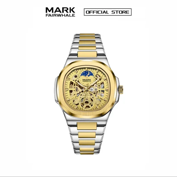 100% Authentic Jam Tangan Mekanikal, Fesyen Mewah, Jam Tangan Persegi, Kalis Air, Berkilau, Pelbagai fungsi, Reka Bentuk Berongga Matahari, Bulan dan Bintang, Mark Fairwhale, FW-6012, untuk Lelaki, Bergaya