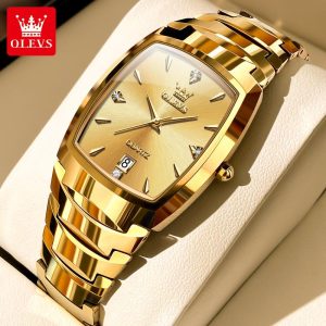 OLEVS Jam Tangan Lelaki Keluli Tungsten Kalis Air Pergerakan Kuarza Jepun Tulen Fesyen Jam Tangan Emas dengan Kalendar Watches G70-06 Dijamin Asli persegi Bahan logam dalam stok Banyak warna Pejabat parti pemberian hadiah Garanti 1 tahun