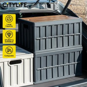 Citylife 64L Collapsible Storage Box Crate with Lid Folding Storage Box with Wooden Cover Panel for Home Outdoor