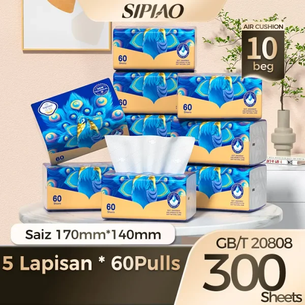 [10 Beg] Sipiao Tisu Muka , Tuala Kertas 5lys, Mudah Alih, 170mm * 140mm, 300 Keping, Siri Peafowl Biru, Kapal dari Malaysia, (1555-10)