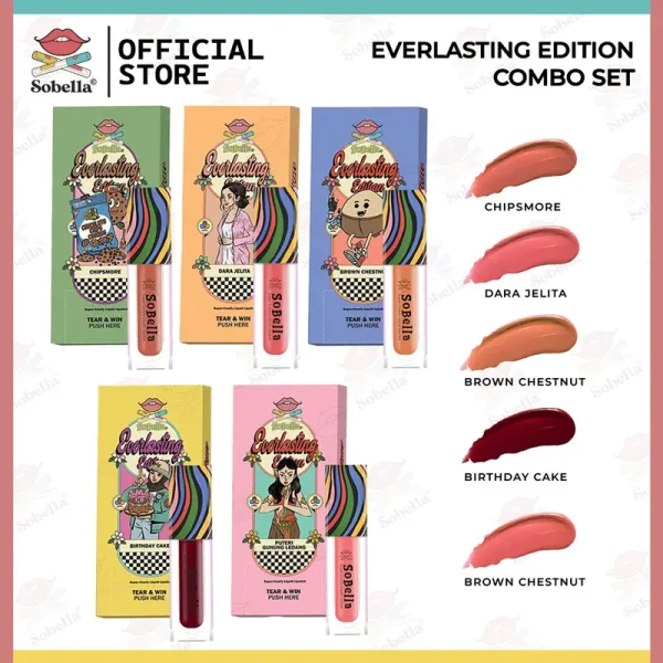 Lipmatte Sobella Everlasting Edition - Chipsmore, Puteri Gunung Ledang, Brown Chestnut, Dara Jelita, Birthday Cake
