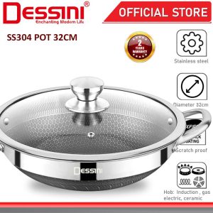DESSINI ITALY 32CM Honeycomb SUS304 Stainless Steel Casserole Induction Non-stick Pot Bowl Pan Wok Cookware Kuali PERIUK