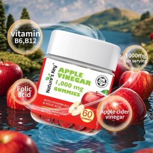 Nature's Key Apple Cider Vinegar Gummies, setiap hidangan mengandungi 1000mg cuka epal, diperkaya dengan Vitamin B6, B12, asid folik, iodin serta pelbagai ekstrak herba, formulasi vegan sepenuhnya, perisa epal, 60 biji setiap botol