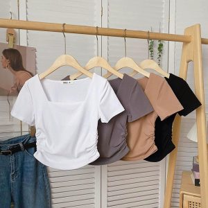 Beryl 【crop top】 【READY STOCK AT JOHOR】Women's short-sleeved T-shirt square neck retro Korean-style slim solid color
