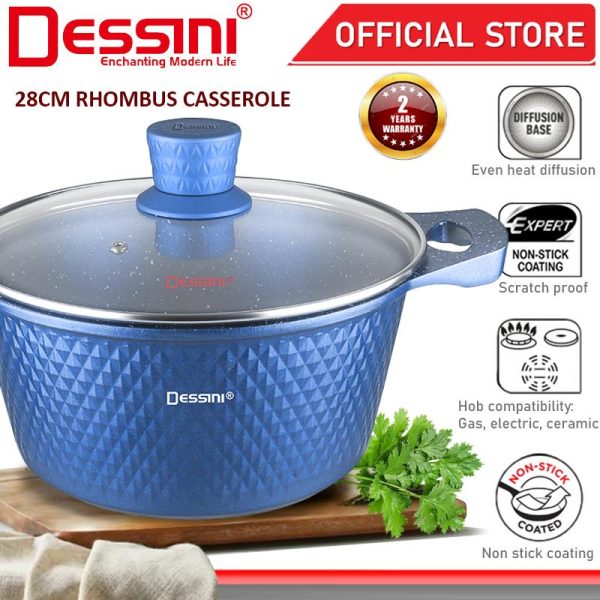 DESSINI ITALY 28CM Rhombus Casserole Die Cast Aluminium Non Stick Pot Bowl Pan Cookware Tool with Cover Periuk