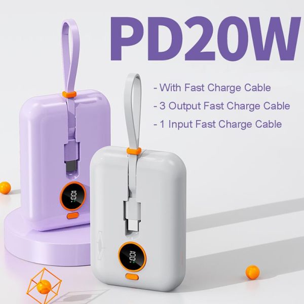 66W Super Fast Charging 20000mAh Power Bank Mini Cute Portable Powerbank with Extra Cable for Huawei P40 iPhone Digital White