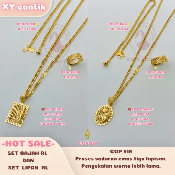 Set Gajah Rantai Leher dan Set Lipan Rantai Leher COP916 - Cincin Percuma - RL Panjang 60CM - RK Panjang 27CM - Barang Kemas Bersalut Emas Pepejal - Tahan Lama - Hypoallergenic - Titanium - XYCANTIK