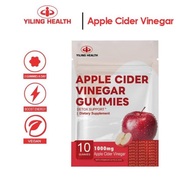 Gummies Cuka Epal, Yiling, Vegan, Gummies ACV, dengan Asid Folik, Vitamin B6 dan B12, Delima Bit (10 Kiraan, Pek 1)