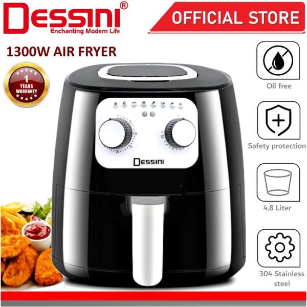 DESSINI ITALY Electric Air Fryer Timer Oven Cooker Non-Stick Fry Roast Grill Bake Machine (4.8L)