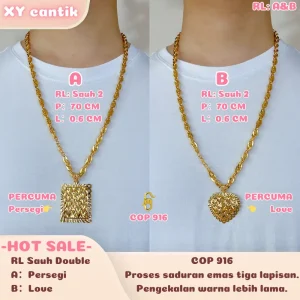 Rantai Leher Sauh Kait2 PERCUMA Loket Persegi atau Loket Love COP916-Panjang 70CM Lebar 0.6CM-Barang kemas bersalut emas asli-tahan lama - hypoallergenic-titanium-XYcantik