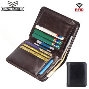 Dompet Pendek untuk Lelaki, Royal Bagger, Penyekat RFID, Diperbuat daripada Kulit Lembu Tulen, Gaya Kasual Perniagaan, Pemegang Kad, Fesyen Retro, Dompet Langsing, Dompet Tiga Lipat Nipis, dengan Tingkap ID, Gaya Vintaj