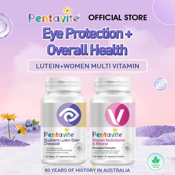 [For Eye and Women Health] Pentavite Blueberry Lutein Ester EyesCare Chewable Bundles: Women MultiVitamin,Vitamin B, Vitamin C (Available in various bundle combinations)
