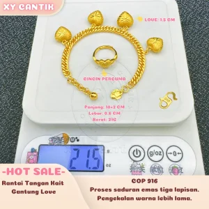 Rantai Tangan Kait Gantung Love COP916 - Panjang: 18+2CM - Lebar: 0.6CM - Berat: 21G - Love:1.5CM - Gaya Harian - Aksesori Bersalut Emas - Tahan Lama - Hipoalergenik - XYcantik Bracelets Gelang
