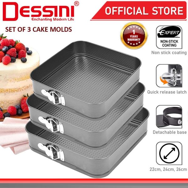 DESSINI ITALY 3 IN 1 22cm 24cm 26cm Square Metal Mold Non Stick Detachable Baking Cake Mould Bake Pans Acuan Kek