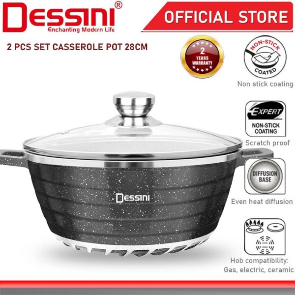 DESSINI ITALY Granite Die Cast Aluminium Non Stick Casserole Pot Bowl Deep Fry Pan Cookware Tool (28cm)