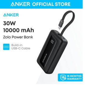 Anker Zolo Power Bank A1688/A1689, 10,000mAh or 20,000mAh 30W Portable Charger with Built-in USB-C Cable for Travel for iPhone 16/15 Series, MacBook, Galaxy, iPad Powerbank