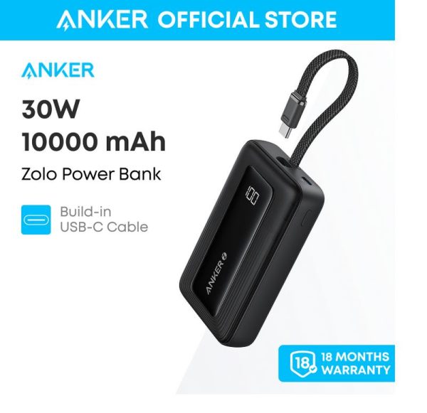 Anker Zolo Power Bank A1688/A1689, 10,000mAh or 20,000mAh 30W Portable Charger with Built-in USB-C Cable for Travel for iPhone 16/15 Series, MacBook, Galaxy, iPad Powerbank